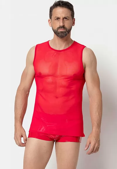 Adrien red mesh tank top in red color.  Manufactured in French workshops, signed by renowned fashion designer Patrice Catanzaro, available in size S to 4XL. Composition : 90% Polyamide, 10% Elastane.  Brand Patrice Catanzaro, Collection Homme 6.2, Reference PC302106H6 1 piece.  Patrice Catanzaro, the brand of sexy outfits of very good quality, made...