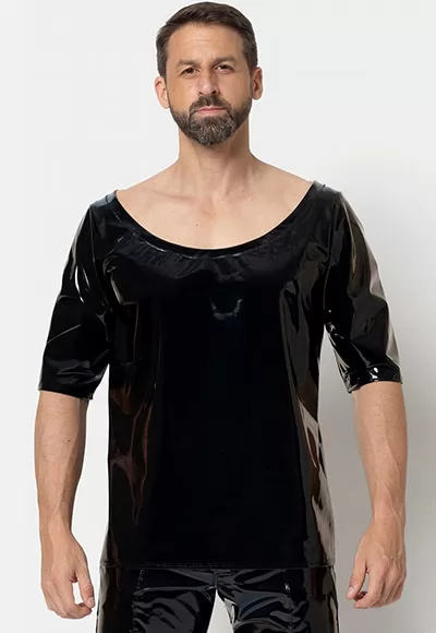 Alrik vinyl tee shirt in black color.  Manufactured in French workshops, signed by renowned fashion designer Patrice Catanzaro, available in size S to 2XL. Composition : 80% Polyester, 12% Polyurethane, 8% Elastane.  Brand Patrice Catanzaro, Collection Homme 6.2, Reference PC304801H6 1 piece.  Patrice Catanzaro, the brand of sexy outfits of very good...