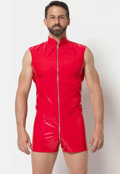 Anders red vinyl playsuit in red color.  Manufactured in French workshops, signed by renowned fashion designer Patrice Catanzaro, available in size S to 4XL. Composition : 80% Polyester, 12% Polyurethane, 8% Elastane.  Brand Patrice Catanzaro, Collection Homme 6.2, Reference PCC06002H6 1 piece.  Patrice Catanzaro, the brand of sexy outfits of very good...