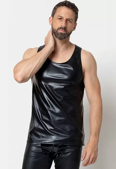 Arkin wetlook tank top in black color.  Manufactured in French workshops, signed by renowned fashion designer Patrice Catanzaro, available in size S to 4XL. Composition : 92% Polyester, 8% Elastane.  Brand Patrice Catanzaro, Collection Homme 6.2, Reference PC302505H6 1 piece.  Patrice Catanzaro, the brand of sexy outfits of very good quality, made of...