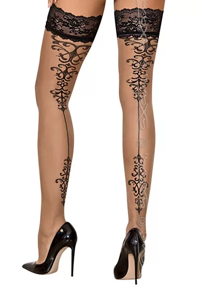 Elegant hold-up stockings are decorated with sensual tattoo and finished with a feminine black lace, which will give you perfect look and comfort of wearing. Splendidly as a supplement to any set of lingerie. 1 pair