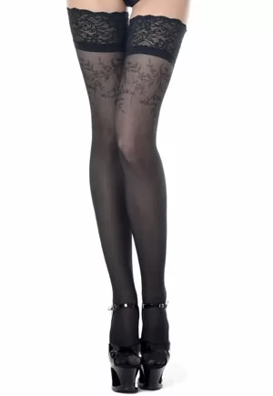 Bella fine mesh stay up stockings with floral pattern. 30 deniers. Composition : 88% polyamide, 12% élasthanne.  Made in Europe. 1 pair.