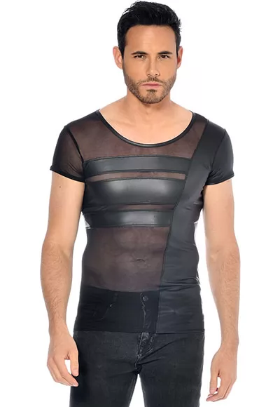 Benjen mesh wetlook tee shirt in black color.  Manufactured in French workshops, signed by renowned fashion designer Patrice Catanzaro, available in size S to 4XL. Composition : 92% Polyester, 8% Elastane.  Brand Patrice Catanzaro, Collection Homme 5, Reference PC302303H5 1 piece.  Patrice Catanzaro, the brand of sexy outfits of very good quality, made...