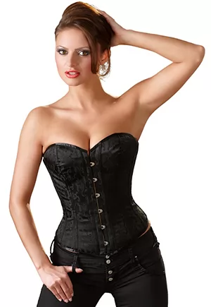 Black corset with a beautiful brocade pattern and a hook fastener and eyelets at the front. Classic and sexy corset with decorative lacing at the back (not suitable for waist reduction). The 4 suspender straps are adjustable and removable. There are 6 bones per side of the black corset that create a beautiful and feminine silhouette. Material: 100%...