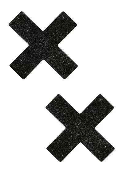 Glitter nipple stickers to add a professional look to private performances. Sparkling black X-shaped nipple stickers. Size od the cross: 5.9 x 5.9 cm. Material: 80% paper, 15% PET, 5% glue. 1 pair.
