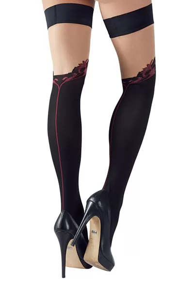 Pure seduction for the legs! Hold-up stockings in a fancy thigh-high design with a seductive, integrated red seam at the back. The silicone lining around the stretchy, 6 cm wide top part means that the stockings stay in place and don't slip down. Black opaque stockings 70 denier. Oeko-Tex certified. 90% polyamide, 7% spandex. 3% polypropylene. 1 pa...