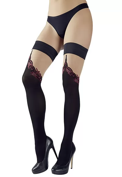 Pure seduction for the legs! Hold-up stockings in a fancy thigh-high design with a seductive, integrated red seam at the back. The silicone lining around the stretchy, 6 cm wide top part means that the stockings stay in place and don't slip down. Black opaque stockings 70 denier. Oeko-Tex certified. 90% polyamide, 7% spandex. 3% polypropylene. 1 pa...