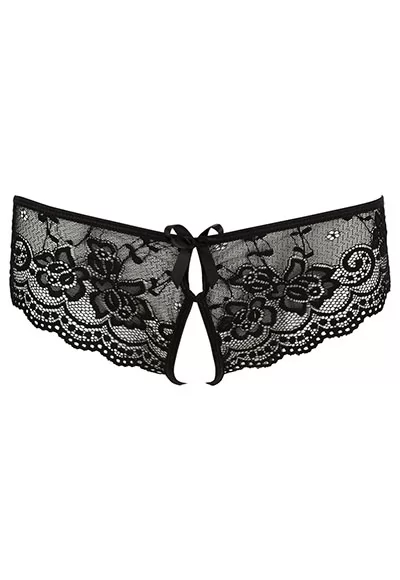 Allows cheeky glimpses!  These cute panties combine beautiful floral-patterned lace with cut-outs at the front and back that are decorated with bows. The seductively open crotch is only covered by 2 stretchy straps. The crotchless panties are very comfortable thanks to the high proportion of spandex and cling to female curves. Color : black. Composition...
