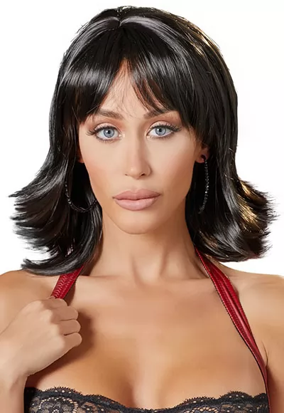 A hot look ! Be the centre of attention at the next carnival or party when you wear this saucy, high-quality wig. Trendy black shoulder-length wig with modern choppy layers. Approx. 30 cm long. Material: 100% polyester. The wig can be adjusted for a non-slip fit. Important: do not use curling tongs or straighteners on the wig. Please use a special wig...