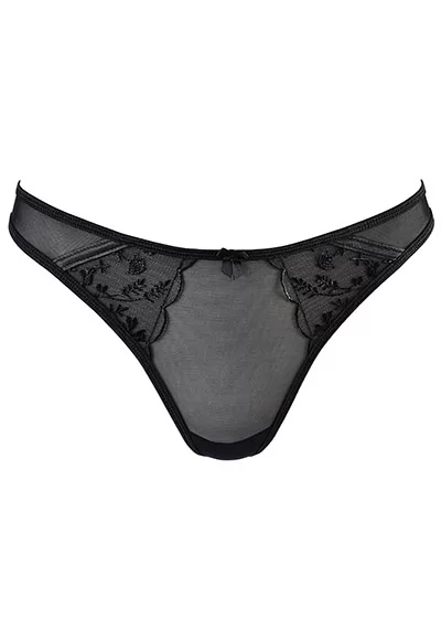 This thong is made from very soft and stretchy sheer black tulle, for a chic and glamorous look, with embroidered inserts on the sides.  This thong will be perfect combined with the matching Bra sold separately and why not during a romantic evening, with the matching suspender belt.  This thong features a soft cotton gusset for added comfort. Composition:...