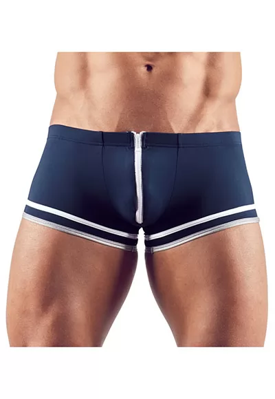 Ahoy ! Soft blue microfibre pants in a trendy sailor look. With an extra wide zip and 2 decorative stripes around the legs, white and silver. Sexy pants for men 86% polyester, 14% spandex. 1 piece