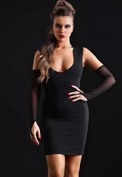The sexy tight-fitting black Brittany dress offers a large V neckline in front and charms with its transparency in the back. Sexy dress designed in lycra with black mesh on the back, and an opaque black band in the middle.  Manufactured in French workshops, signed by renowned fashion designer Patrice Catanzaro, available in sizes S to 3XL Brand Patrice...