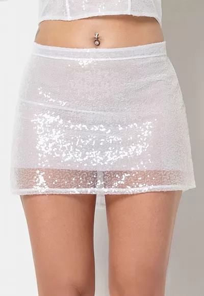 Cap Ferrat sequin skirt in color white  Manufactured in French workshops, signed by the renowned fashion house Patrice Catanzaro, available in size S to XL. Brand Patrice Catanzaro, Collection Petites Follies 14 reference Pf602001v14 1 piece.  Patrice Catanzaro , the brand of very good quality sexy outfits, made from materials chosen for their superior...