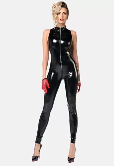 Angelica is a very fetish catsuit, made in shiny black vinyl, it perfectly highlight your curves. Sleeveless with a small collar, you can wear this catsuit with our short or long gloves. Thanks to the three sliders of its integral closure, going from the neck to the top of the buttocks, you can play with the openings. Angelica black vinyl vinyl catsuit...