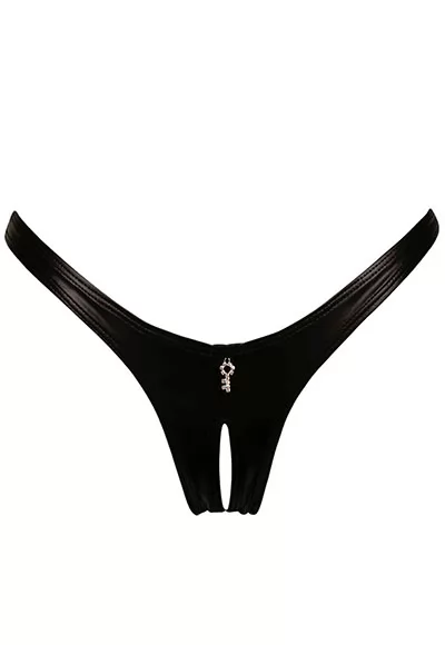 Annabelle black wetlook thong was created for the craziest nights. It has a small key-shaped jewel on the front, you will find the lock-shaped jewelry on the quarter cup Annabelle bra that goes with it sold separately.  Annabelle black wetlook crotchless thong belongs to The Essentials by Patrice Catanzaro.  Fabric : Shiny wetlook. Composition : 92%...