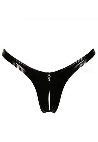 Annabelle black vinyl thong was created for the craziest nights. This famous crotchless thong is available in red or black vinyl for a sexier look. It has a small key-shaped jewel on the front, you will find the lock-shaped jewelry on the quarter cup Annabelle bra that goes with it and sold separately.  Annabelle black vinyl crotchless thong belongs...