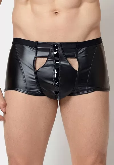 Konan wetlook boxer shorts are made of wetlook with a microfiber elastic waistband. The opening is a shiny snap fastener at the centre front. They are decorated with a vinyl band on the front and both sides. Konan fetish boxer shorts belong to L'Homme 4, men’s collection by Patrice Catanzaro. 92% Polyester 8% Elastane. 1 piece