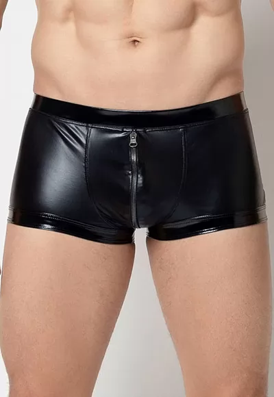 Very masculine trunks! Rayan boxer brief is made in black wetlook with shiny vinyl borders on the waistband and thighs. The fabric is stretchy and comfortable. The full zip with two sliders will allow you to play with the openings.  Rayan wetlook trunks belong to L'Homme, men’s basic collection by Patrice Catanzaro. Fabric : Shiny wetlook. Composition...