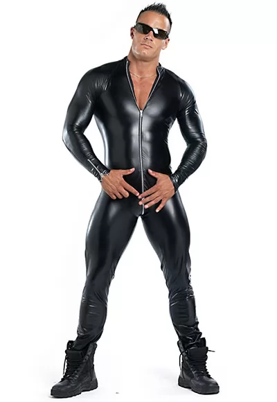 Sweety is a long sleeved wetlook catsuit for men with zipped wrist.  Additionally the fetish catsuit has a full closure, that goes from the neck to the top of the buttocks.  Thanks to the three sliders of its zipper you can put it on and off very easily, and create an opening wherever you want.  On the front of the crotch a yoke gives volume  It is...