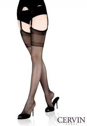 Romantica Nylon and Lycra Stretch Stockings, color black. Glamorous and elegant, Cervin Paris Romantica stretch satin sheer stockings shape the upper thigh with a fancy jacquard open stitches top. Both chic and romantic, these stylish stockings creatively play with the leg transparency and the welt opacity.  Seamless stretch satin sheer stockings in...