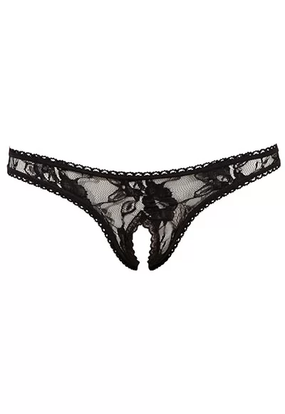 An open thong in black lace with floral motifs. The crotch of the thong is open for naughty games that you will invent... At the back, a pretty lace triangle. Color black. Composition 100% polyester. 1 piece