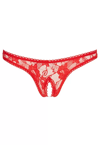 An open thong in red lace with floral motifs. The crotch of the thong is open for naughty games that you will invent... At the back, a pretty lace triangle. Color red. Composition 100% polyester. 1 piece