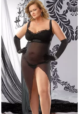 2 PC. Plus size sexy gown robe with a high cut side slit. This Mesh See-Through loungewear casts a magical spell all of its own. Includes matching thong. Color : black