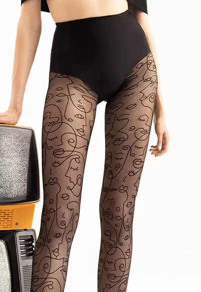 Sheer tights patterned Faces made from higher quality, stronger covered yarns. Linear face graphics, interconnected with each other, are another interesting artistic take on these original Faces tights.  Invisibly reinforced toe area. Cotton gusset in sizes 3 and 4. Composition: 85% polyamide, 15% elastane. Fiore 30 Denier Tights.