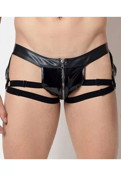 Floki vinyl jockstrap zip in black color.  Manufactured in French workshops, signed by renowned fashion designer Patrice Catanzaro, available in size S to 2XL. Composition : 80% Polyester, 12% Polyurethane, 8% Elastane.  Brand Patrice Catanzaro, Collection Homme 6, Reference PC903201H6 1 piece.  Patrice Catanzaro, the brand of sexy outfits of very good...