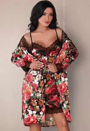 Floral satin robe, chemise and lace thong