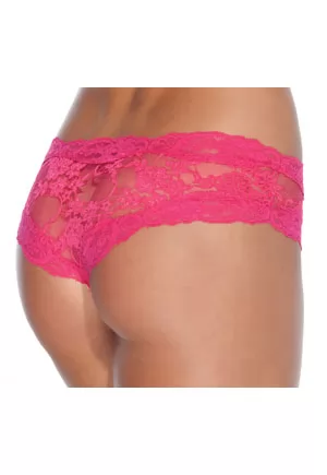 Floral print fuschia lace crotchless panty with center front satin bow. 1 piece
