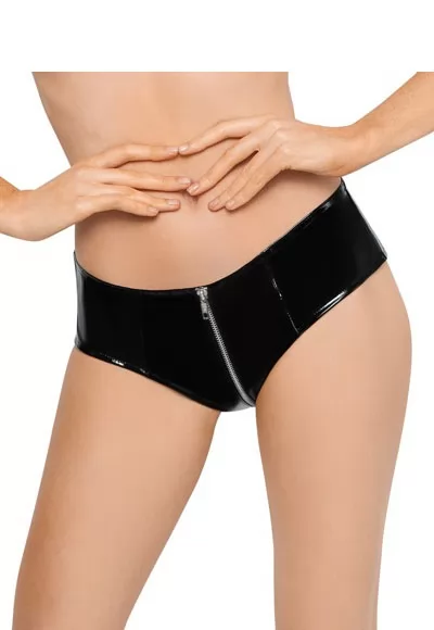 Black Vinyl Zip Pants. Black vinyl short pants for her with a full-length lined metal zipper for women. 100% polyester and polyurethane-coating. 1 piece