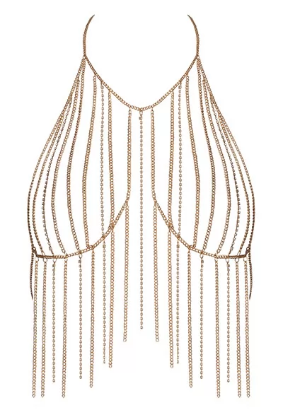This gold-tone body chain is partially embellished with rhinestones for a glamorous and seductive look.  This elegant body jewelry features lobster clasps at the back of the neck and back for a perfect fit.  At the front, this body chain elegantly and erotically adorns your chest, it can be worn directly against the skin or layered over a form-fitting...