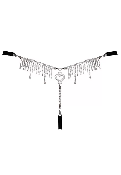 Sexy thong with an eye-catching rhinestone jewel on the back, a rhinestone fringe at the waist, and a heart in the center. The front of the thong is made of soft lace for a glamorous look.  The sparkling jewel, a beautiful embellishment, is removable for easy washing. The elastic waistband is adjustable.  This sexy lingerie is made of 50% polyester,...