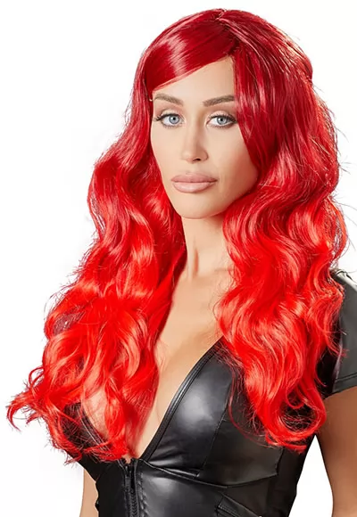 Hot wavy long red hair wig for the perfect party look ! The wig can be adjusted for a non-slip fit. Important: do not use curling tongs or straighteners on the wig. Please use a special wig shampoo on the wig. Approx. 63 cm long. 100% polyester.