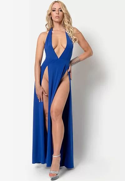 The Isabella long slit dress in lycra is a very sexy dress, with its vertiginous neckline sublimating your chest and two slits revealing the upper thighs and your superb legs.  The blue Isabella dress is fitted at the waist and is designed in a high quality blue lycra fabric which ensures an impeccable fit.  This sexy dress closes with two ties that...