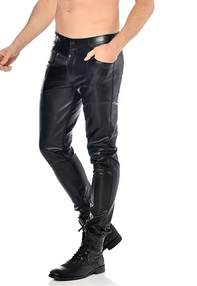 Joss stretch faux leather trousers in black color.  Manufactured in French workshops, signed by renowned fashion designer Patrice Catanzaro, available in size 38 to 50. Composition : 52% Polyurethane, 21% Viscose, 20% Cotton, 7% Elastane.  Brand Patrice Catanzaro, Collection Homme 5, Reference PC507101H5 1 piece.  Patrice Catanzaro, the brand of sexy...