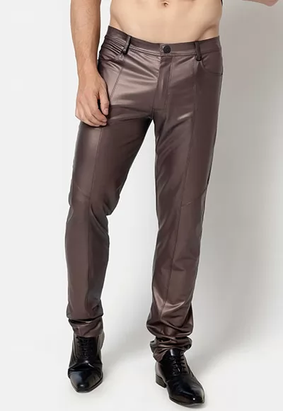 Ketil wetlook trousers in brown color.  Manufactured in French workshops, signed by renowned fashion designer Patrice Catanzaro, available in size 38 to 50. Composition: 92% Polyester, 8% Elastane.  Brand Patrice Catanzaro, Collection Homme 6, Reference Pc505402h6 1 piece.  Patrice Catanzaro, the brand of sexy outfits of very good quality, made of materials...