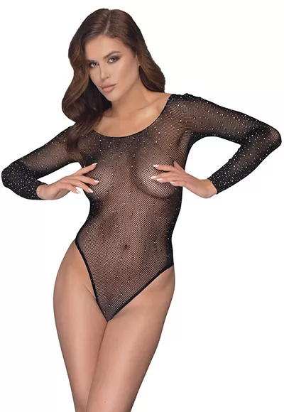 Eye-catching glitter Bodysuit ! Soft, long sleeve body made out of very stretchy net. The body is covered in sparkly gems that are in various sizes. The cuffs and neckline are strengthened. There are elastics integrated in the cutout of the thighs. Seamless and extremely stretchy for a comfortable fit. 90% polyamide, 10% spandex. 1 piece