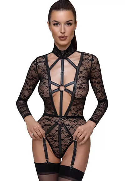 Delicate lace in a provocative style! The fetish bodysuit with long sleeves from Cottelli Lingerie is made entirely out of soft, delicate lace and has fancy matte look details imitating leather. The sexy Bodysuit is tight-fitting but also stretchy and soft which means that it is very comfortable. It has a low-cut neckline at the front and is open right...