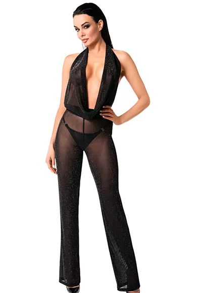 Going out to a private club and charming with confidence will be easy with the Luminara jumpsuit designed in a shiny black and transparent fabric! Thus, this jumpsuit is ideal for going out in the evening where you want to have a sexy and sophisticated outfit for the nightlife.  You can guess the legs and the neckline through the shimmering fabric....