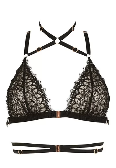 The luxurious black Bijou bra, made in embroidery and elastics, with the brand's signature, the Impudique-engraved rose gold jewel clip that can be found twice on the front for the opening. The bust is underlined by a duo of elastic which start from the middle of the back and which are attached to the front.  Fully adjustable the Bijou bra is available...
