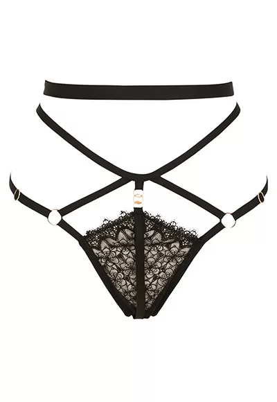 The luxurious black high-waisted Bijou Thong, which goes perfectly with the Bijou bra from the same collection. The Thong Bijou is made with embroidery and fully adjustable elastics. In the shape of a triangle, it has a set of elastics up to the waist to emphasize it. The back forms a perfect symmetry with the bra. A top-of-the-range thong very worked,...
