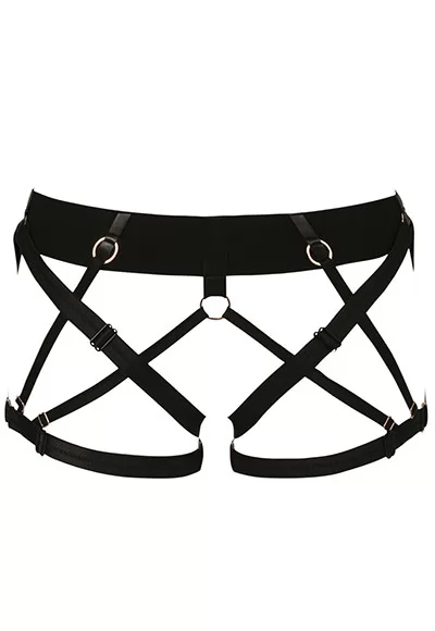 The luxurious Sergei Harness bottom is worn at the waist, and surrounds the buttocks and thighs. It slips on like a harness, fully adjustable.  The luxurious Sergei Harness consists of two pieces sold separately. Coordinate the luxurious Serguei Harness bottom with the matching Serguei top, sold separately.  The luxurious Serguei bottom is part of INSOLENTE...