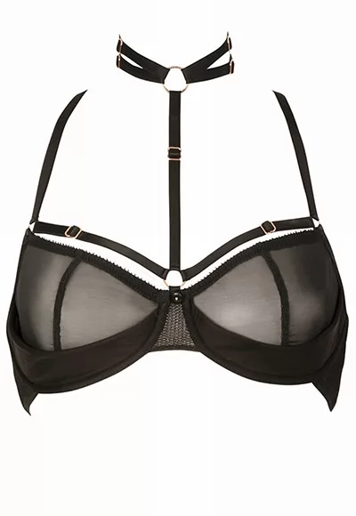 Josephine, a luxurious bra with a double cup: a first one in mesh to shape the chest, and a half cup in foam covered with lycra to support the chest. The collar and back are entirely made of adjustable elastic bands. A button between the breasts allows you to attach the removable thong of the Josephine panties as in the photos, and sold separately....