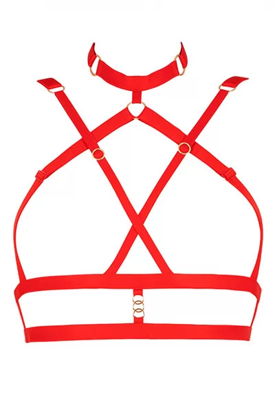 The luxurious red Serguei Harness Top hugs the shape of your body by marking the waist and emphasizing the chest. It hangs in the back via three fasteners signed Impudique. Composed of elastics, it is fully adjustable thanks to the rose gold colored ornaments, the brand's signature. The Harness Bottom is sold separately. You can wear the Serguei Harnesses...