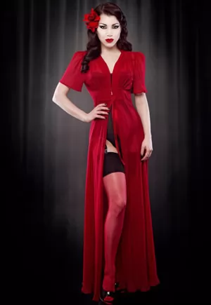 Elle long red sheer Robe is a limited edition robe based on an authentic vintage design, made in Europe. This exquisite sheer robe would be perfect over sexy lingerie or nightwear. Kiss me deadly Elle robe is bias cut with an extremely full skirt, pleated detail top with short sleeves. Velvet trim and tie with hook and eye closure.  Elle long red sheer...