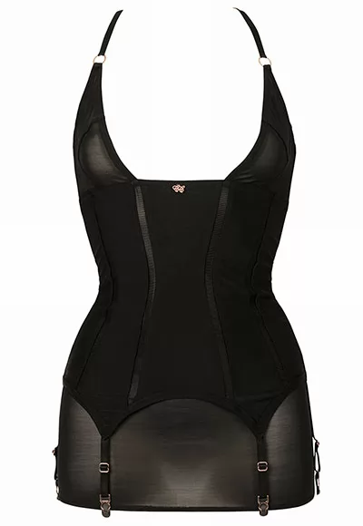Svetlana, a luxurious basque that is sexy and comfortable at the same time. Two soft materials chosen: a first layer of sheathing mesh, against the skin, forming an under dress assembled with a second layer of opaque lycra fabric, alternated with vertical marquisette bands. Sheathing mesh on the chest for a push-up effect. 6 adjustable suspenders. Stapling...