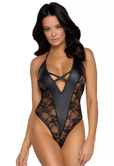 Elegant bodysuit in an elegant matte faux leather look combined with delicate lace on the sides. The deep V-neckline is nicely held together by intertwined stretch bands that add a seductive detail to the design.  The sexy bodysuit features a backless tie at the neck, for a perfect fit and seductive bare shoulders, so this bodysuit can be worn as a...