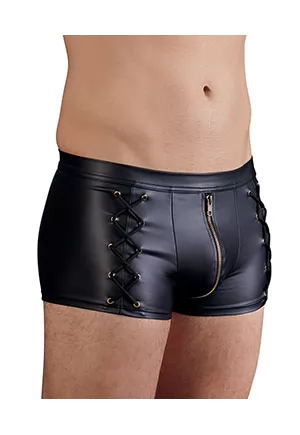 Distinctive male matte look! Delicate, black pants with a padded brass zip at the front. With striking lacing on the sides. Tight fitting, elastic fit for a perfect fit.  60% polyurethane, 36% polyester, 4% elastane.